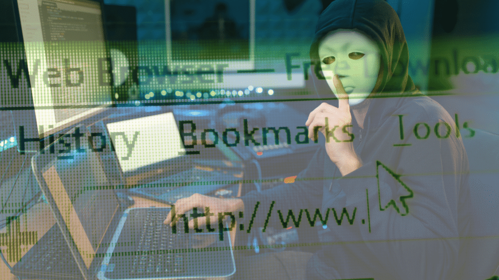 Identity theft warning with the browser and hacker image.